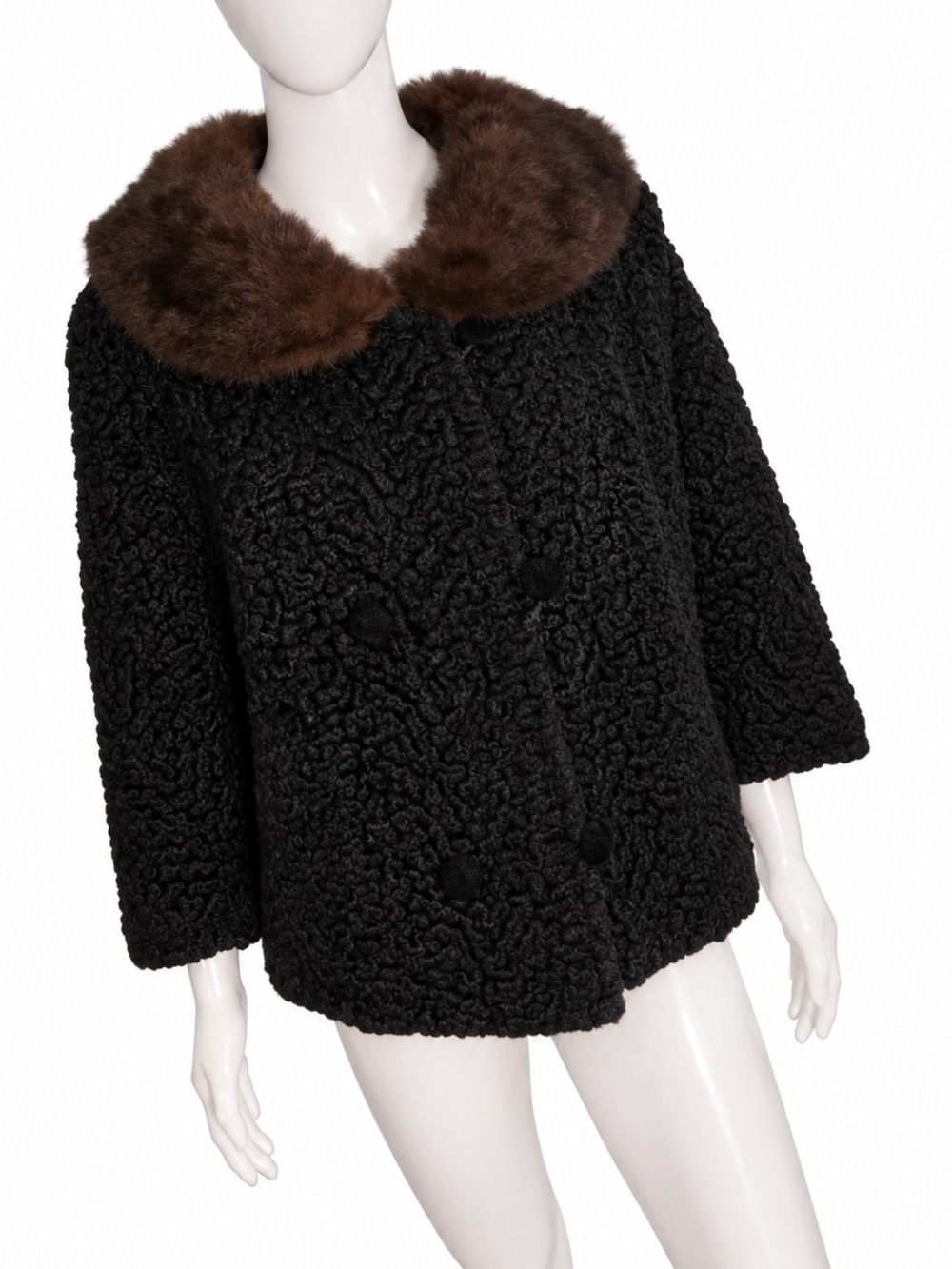 Custom Vintage Black Double Breasted Lambswool Jacket W/Brown Fur Collar 🔥